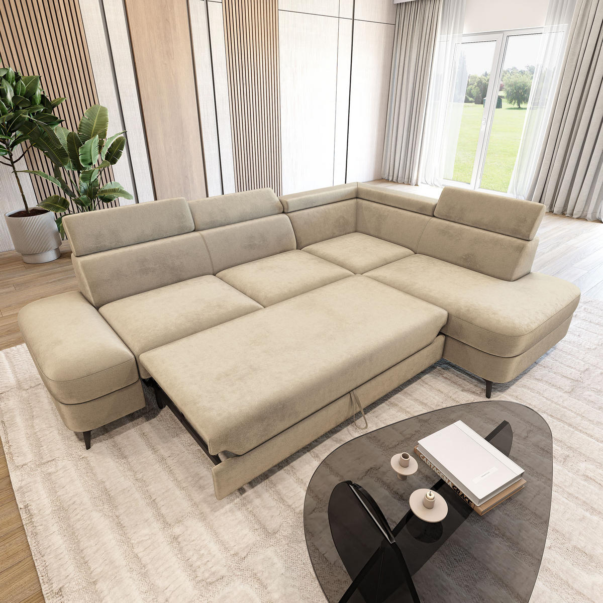 ECKSOFA AVISE M R-S Creme Velours-Stoff mit Schlaffunktion - Creme, Holzwerkstoff/Textil (268/195cm) - MASSENO