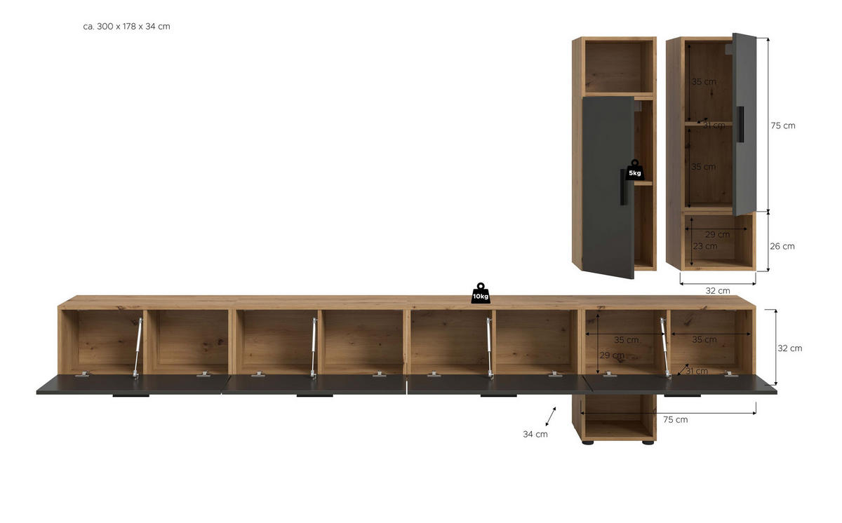 WOHNWAND Primo 6 tlg. (B/H/T: ca. 300/178/34 cm) in Artisan Oak /Basalt grau - Eiche Artisan, Holzwerkstoff (300/178/34cm)