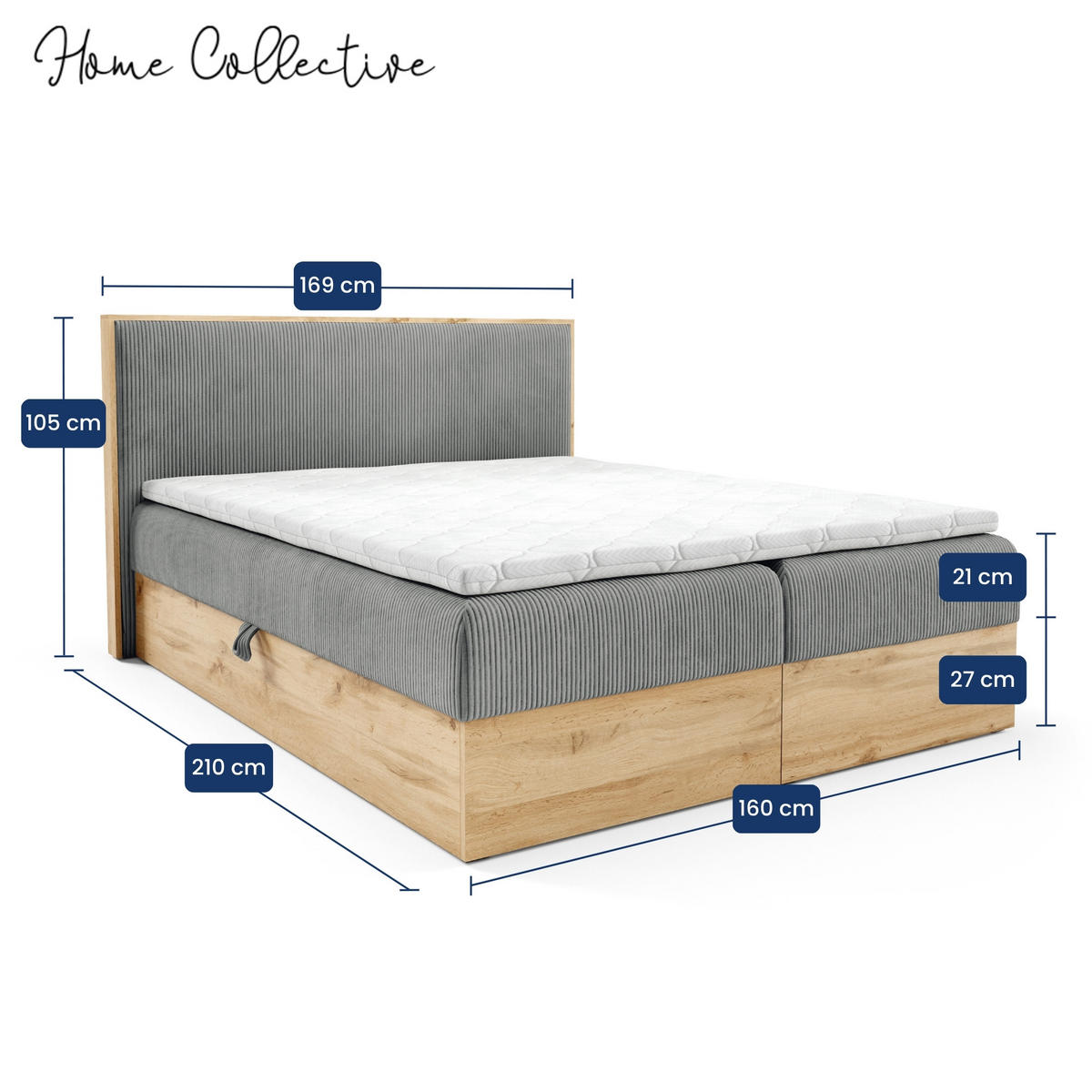 BOXBETT Holzoptik Sonoma mit Topper 160x200 cm Aschgrau - Grau, Textil (160/200cm) - Home Collective