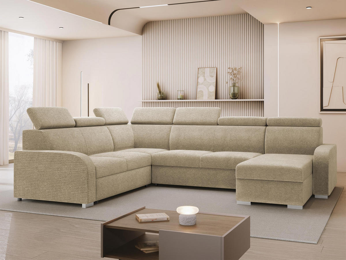 WOHNLANDSCHAFT Oslo 2rR2pLC - Silberfarben/Naturfarben, Holz/Kunststoff (315/85/250cm) - MIRJAN24