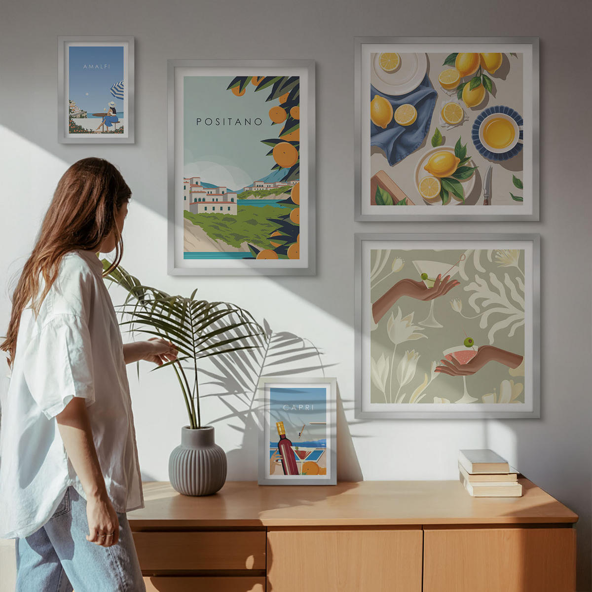 BILDER SET 5er Set - 50x50 cm & 20x30 cm & 40x60 cm Silberner Rahmen - Fruchtmuster und italienische Kultur - Silberfarben, Kunststoff (40/60cm) - TULUP