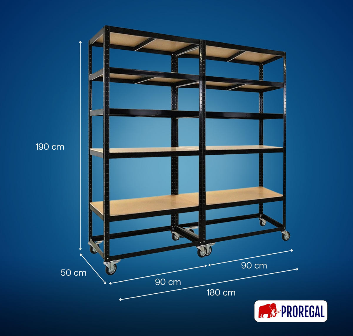 KOMMISSIONIERWAGEN 2er Set BÜFFEL 190x90x50cm 5 Ebenen Fachlast 50kg 2X Lenkrollen & 2X Lenkrollen mit Feststellbremse Schwarz - Schwarz, Metall (180/190/50cm) - PROREGAL