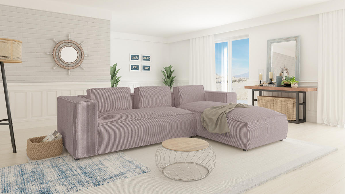 ECKSOFA Nova Puderrosa Cord, Ottomane rechts - Pink/Schwarz, Holz/Kunststoff (262/176cm) - S-Style Möbel