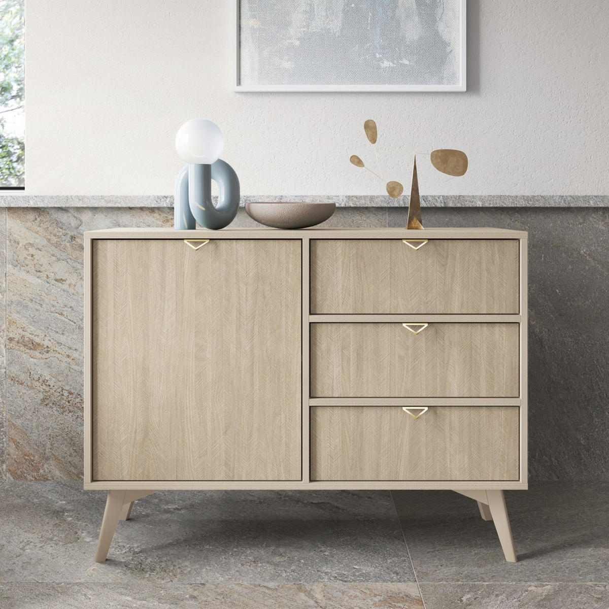 KOMMODE Silva 106 cm in Sandbeige + Scandi-Fischgrätmuster mit Türen und Schubladen - Beige/Goldfarben, Holz/Holzwerkstoff (106/81/38cm) - Ravio