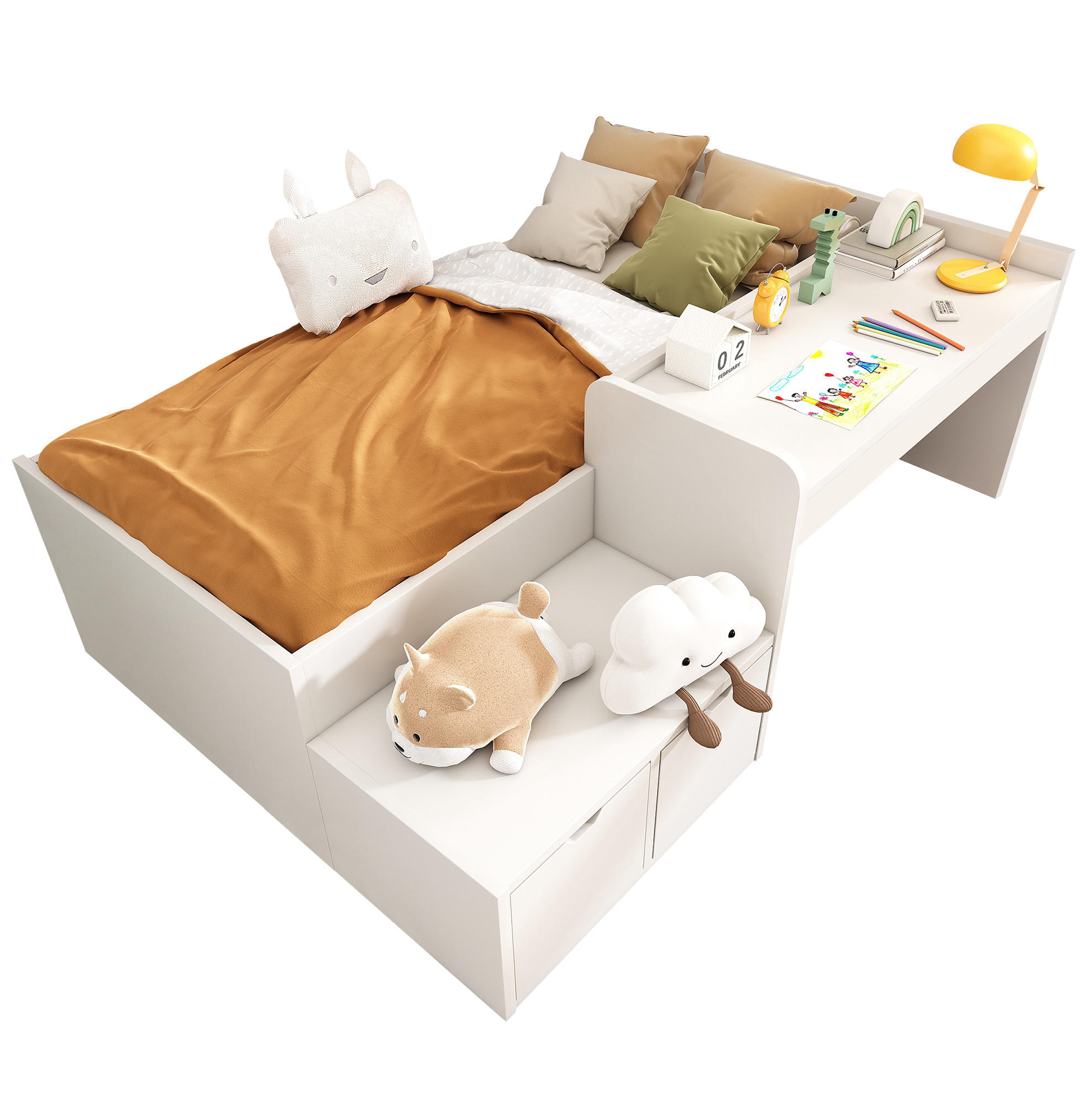 KINDEREINZELBETTEN aus Massivholz und MDF 90x200 cm in Weiß mit Schreibtisch & Schubladen - Weiß, Holzwerkstoff (90/200cm) - Modfu