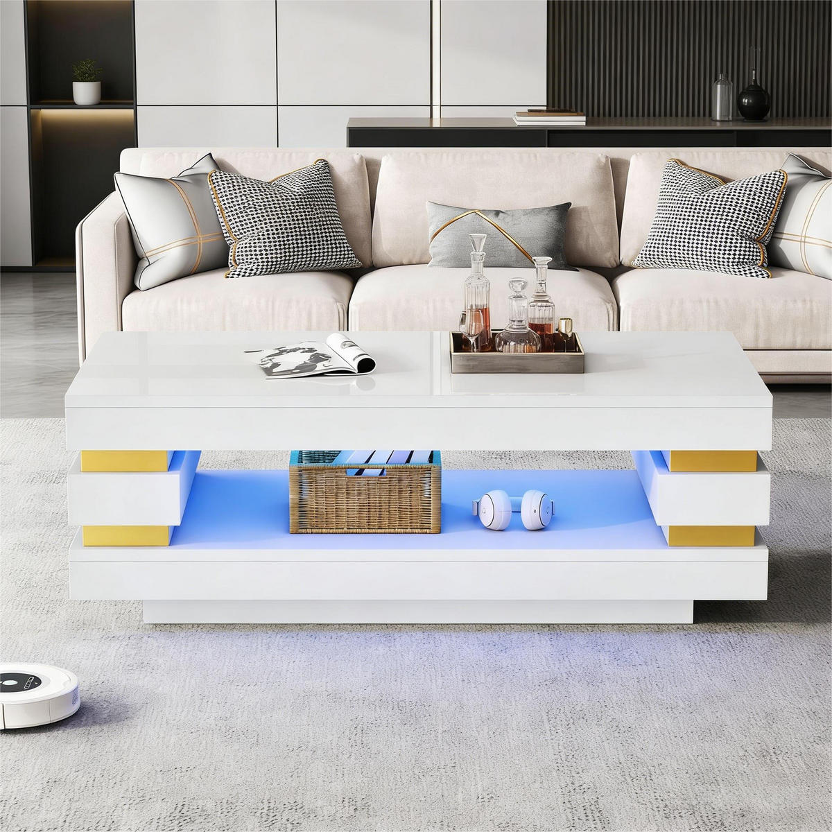 COUCHTISCH 100/50/35 cm weiß aus Spanplatte mit LED-Beleuchtung und offenem Stauraum - Weiß, Holzwerkstoff (100/50/35cm) - OKWISH