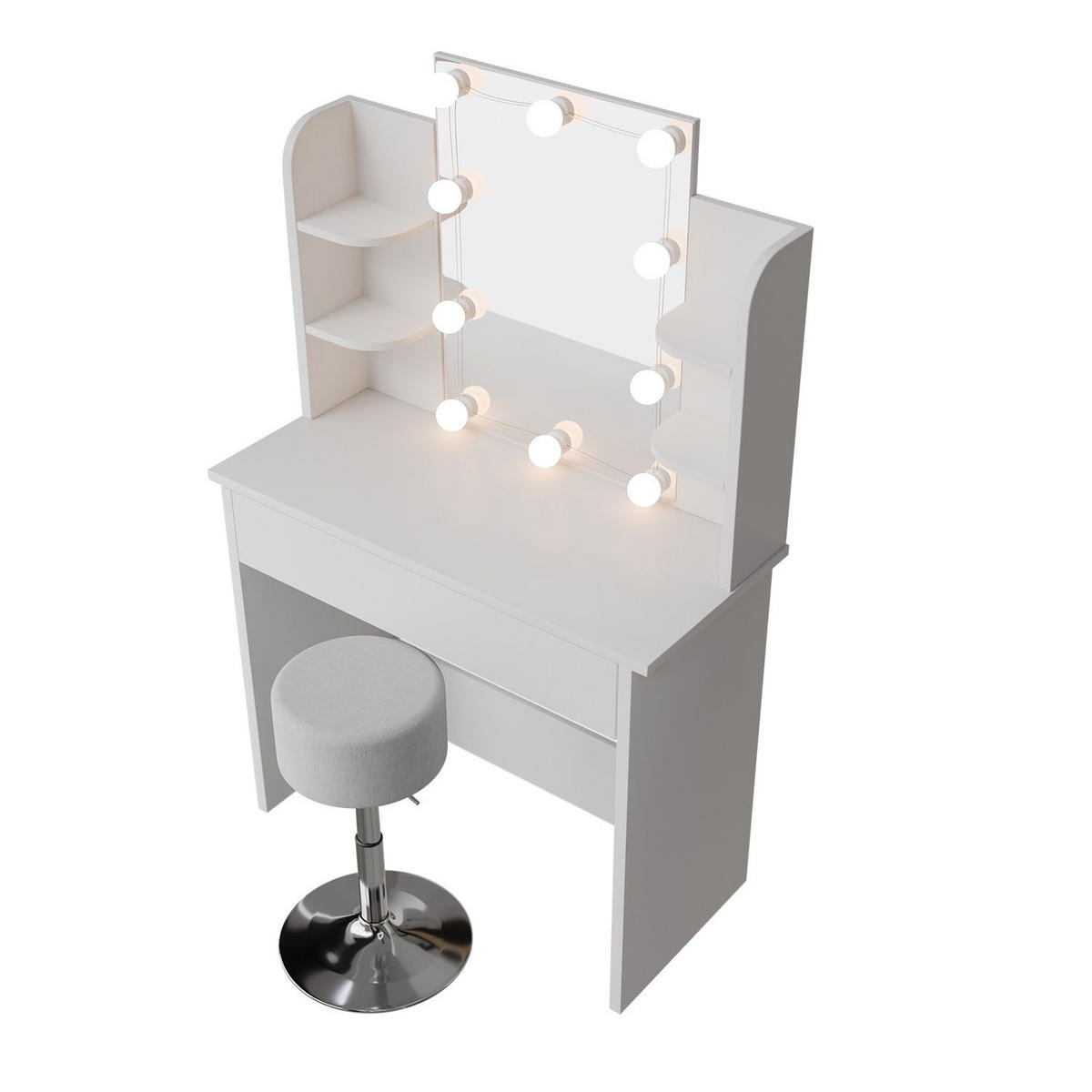 SCHMINKTISCH Zoey LED-Beleuchtung & Hocker Tonia - Weiß, Holz (40/140/90cm) - Juskys