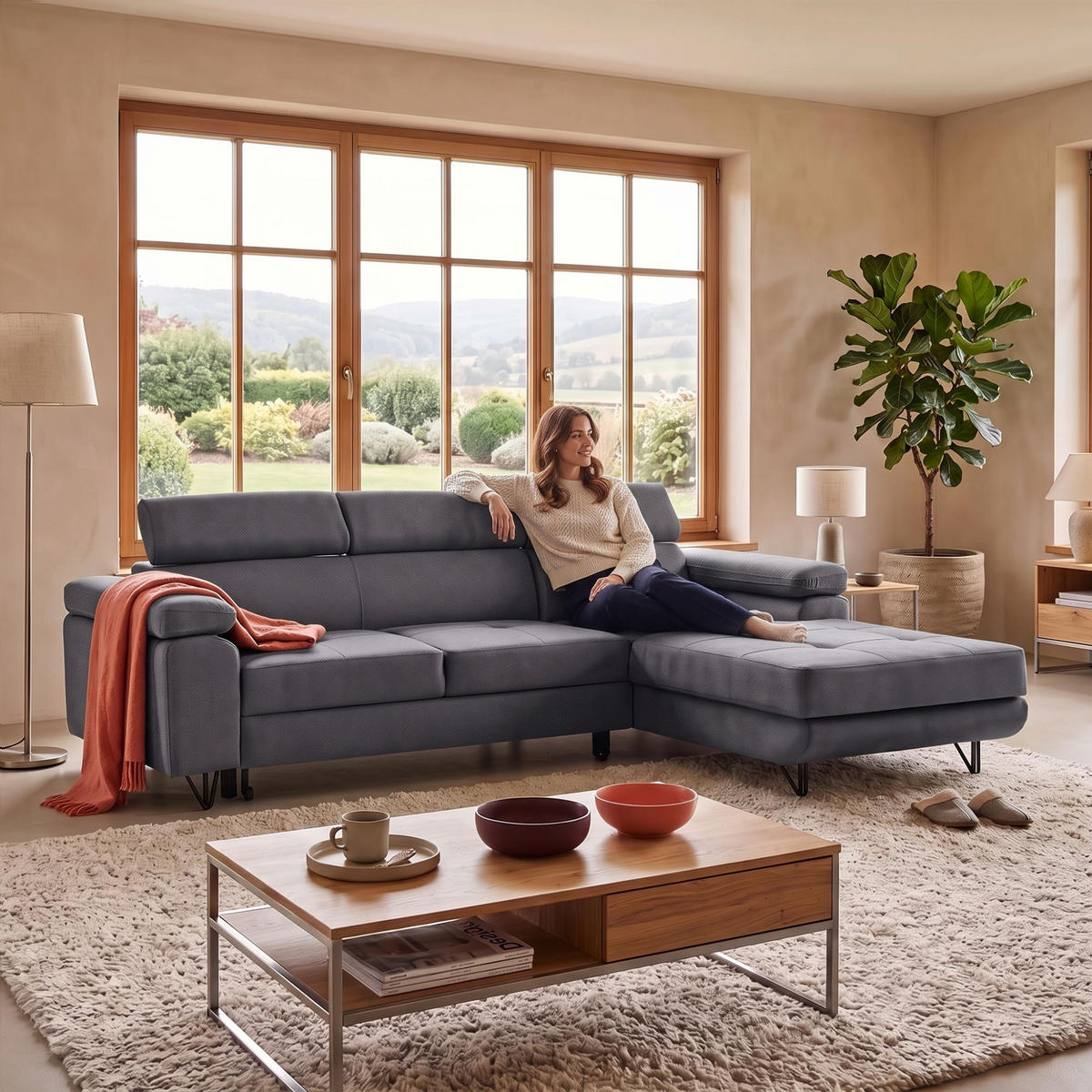 ECKSOFA NORIS L Rechts mit Schlaffunktion 128x203 Velours Dunkelgrau - Dunkelgrau/Schwarz, Holz/Textil (183/250cm) - Muffo