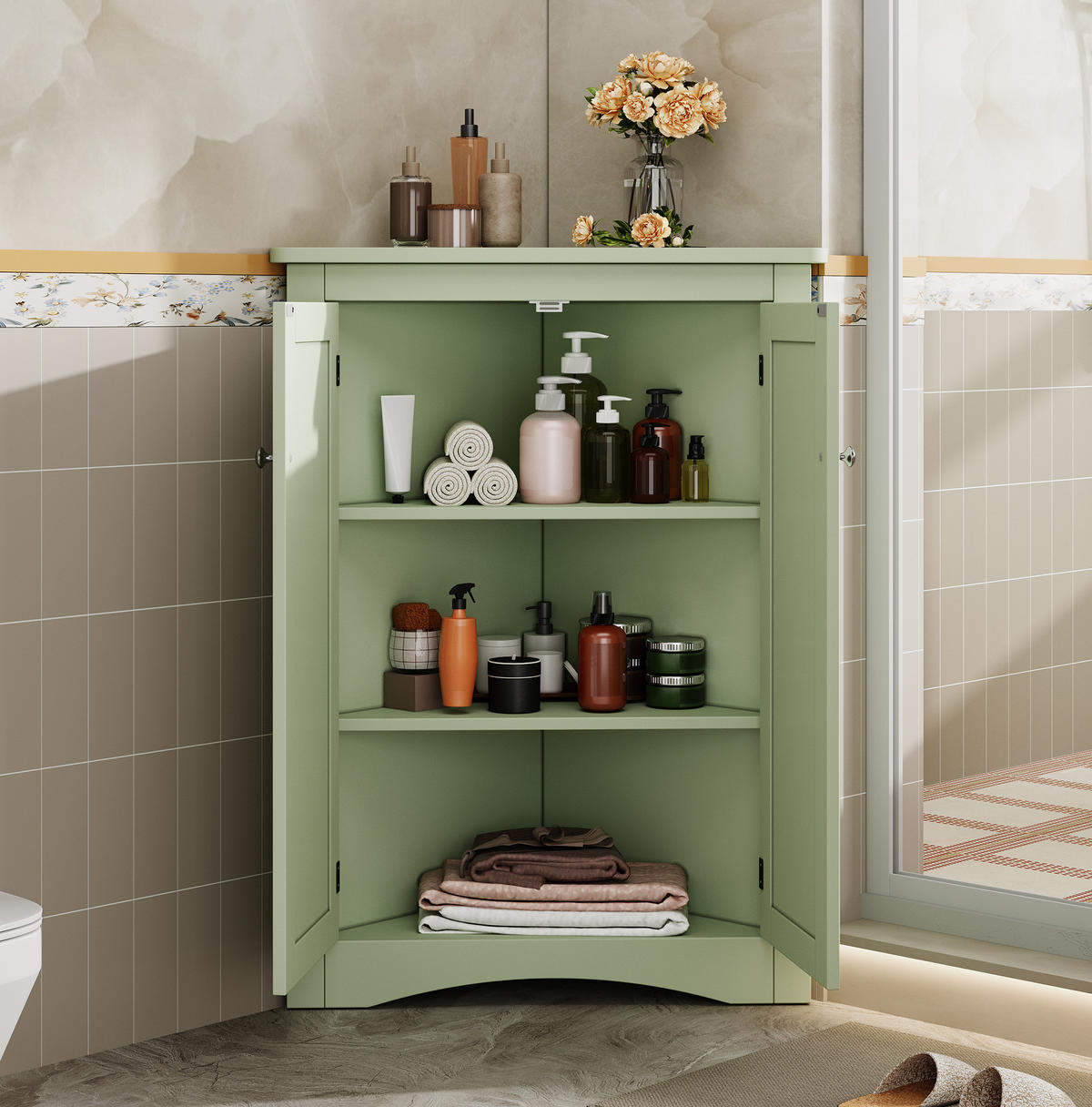 ECKSCHRANK 61.5x34.5x90cm in Grün mit 2 Einlegeböden, Kippschutz & Dreieckdesign - Grün, Holzwerkstoff (34.5/90/61.5cm) - Modfu