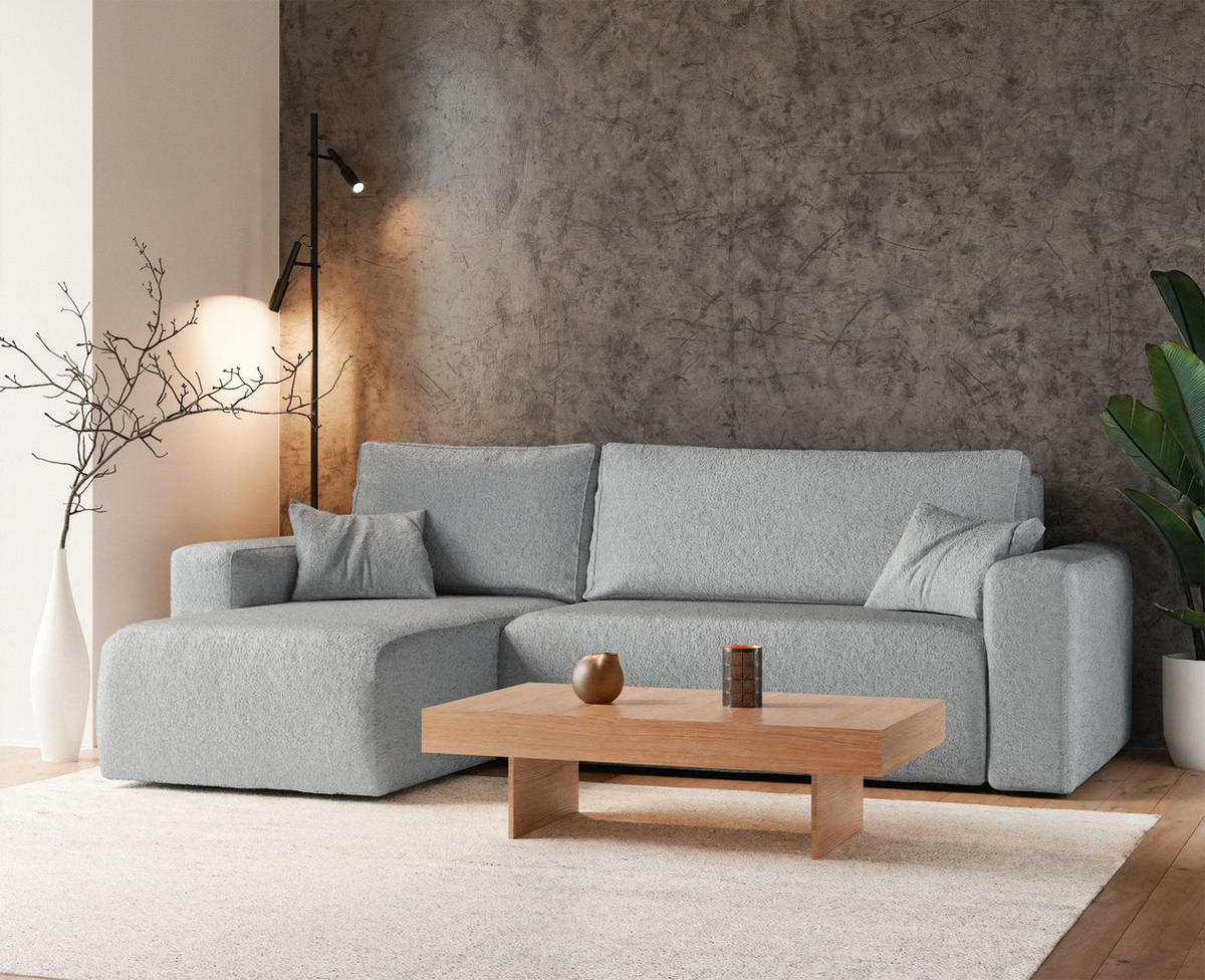 ECKSOFA Pianoni Hellgrau Bouclé-Bezug - Hellgrau/Schwarz, Kunststoff/Textil (244/140cm) - Selsey