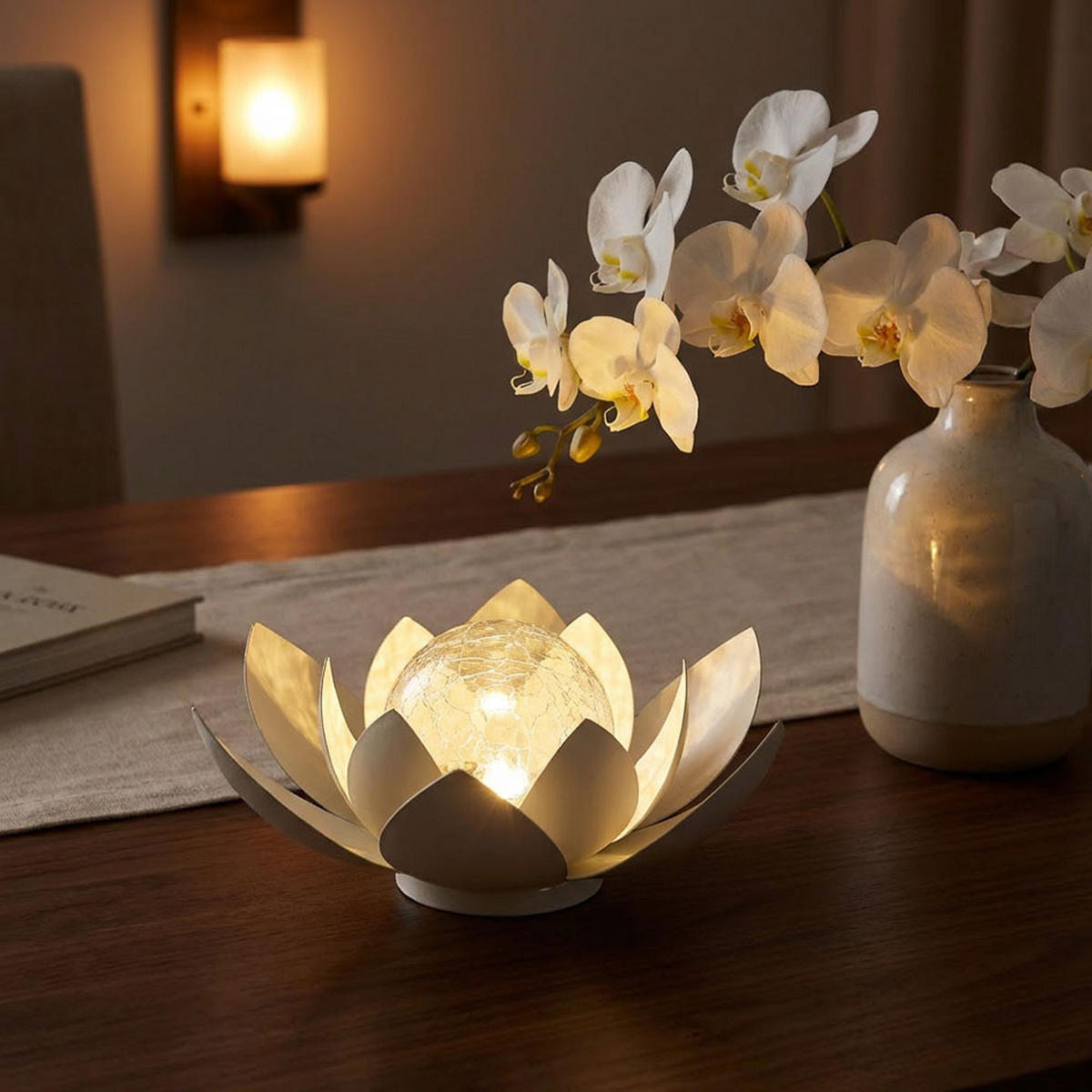 2X SOLARLEUCHTE Lotusblume Kunststoff Weiß LED 27,6 cm - Weiß, Glas (27.6/27.6/12cm)