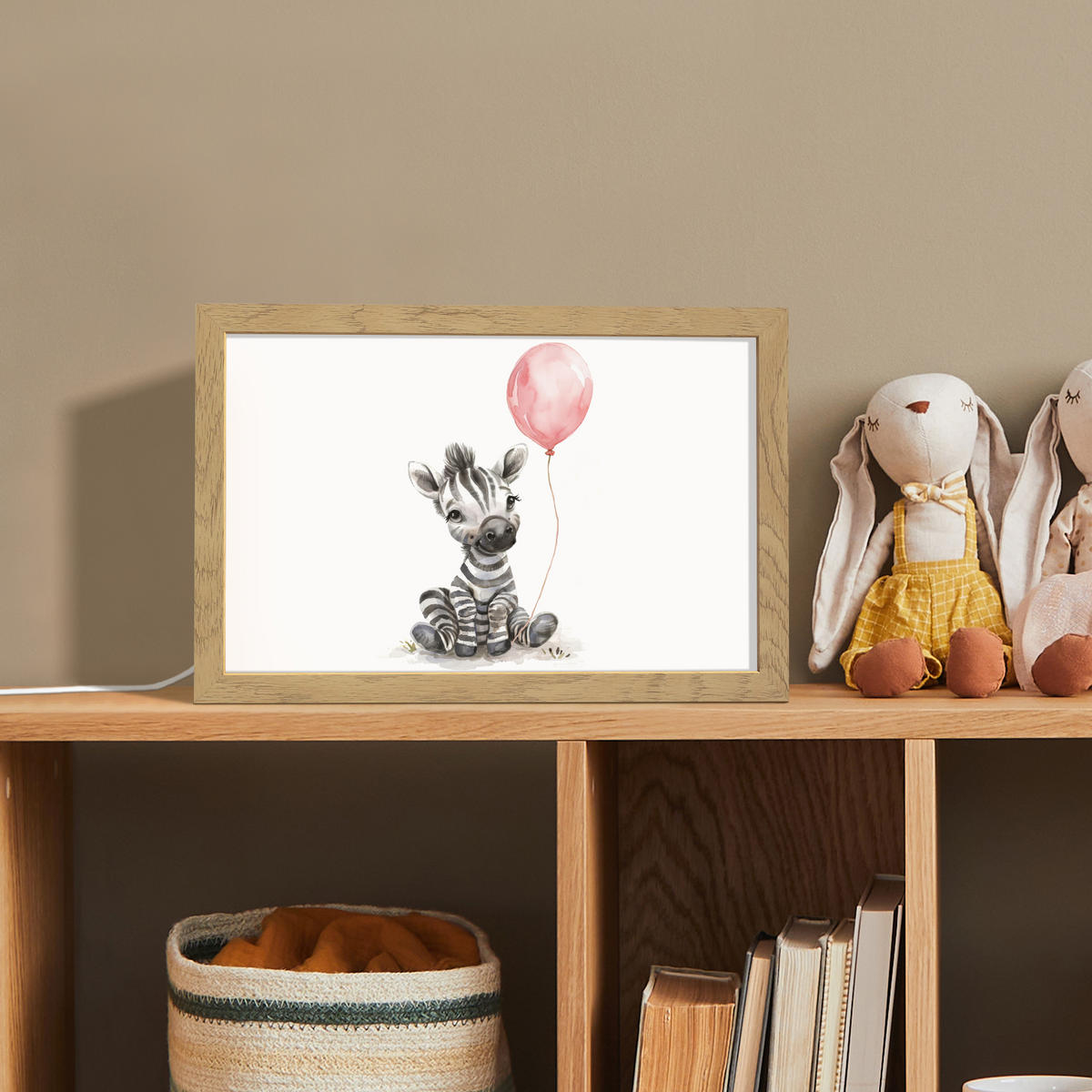NACHTTISCHLAMPE Zebra - Baby - Tiere - Rosa Luftballon 30x20 cm - Weiß, Holzwerkstoff (8/30/20cm)