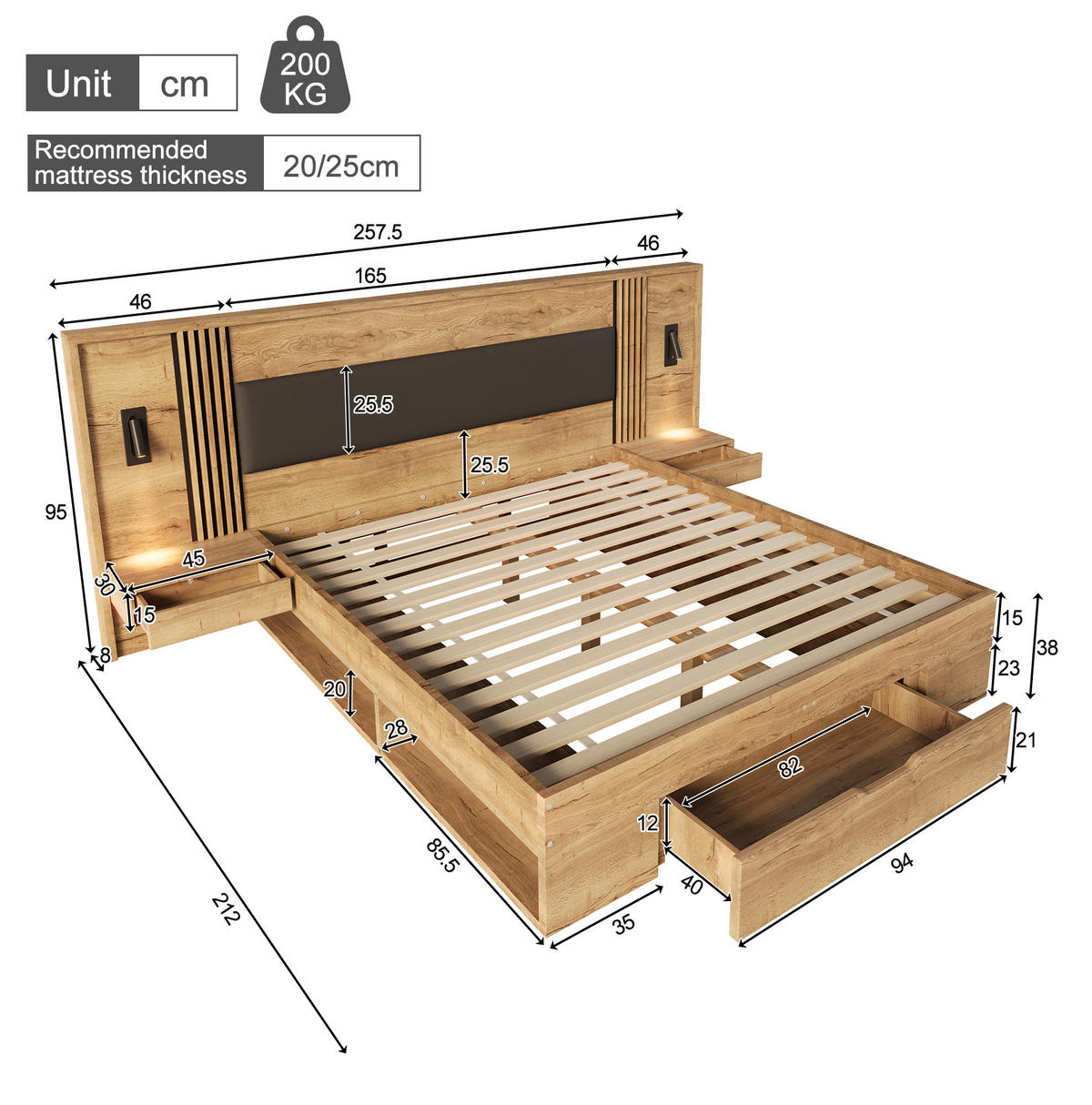 MANŽELSKÁ posteľ 160/200 cm prírodná z MDF s úložným priestorom nočnými stolíkmi a otočnými lampami - prírodná farba, kompozitné drevo (160/200cm) - OKWISH
