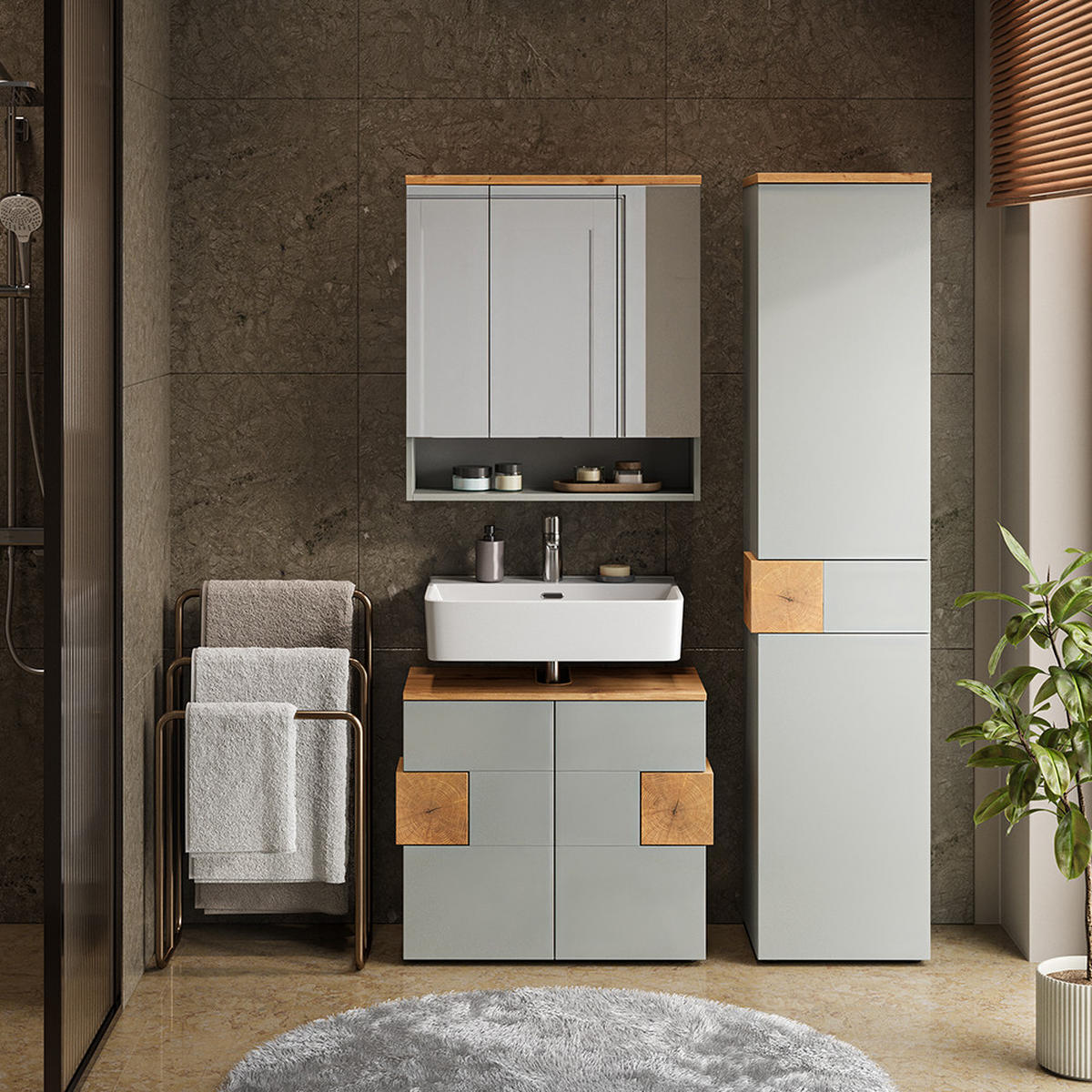 BADMÖBEL-SET Eden Grau 3 Teile - Hellgrau/Grau, Holzwerkstoff (73/64/37cm) - Vicco