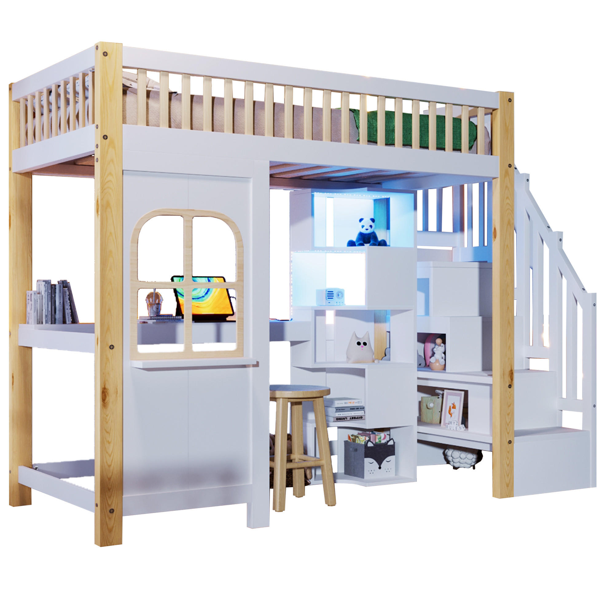 HOCHBETT 90/200 cm mit LED-Leuchten und Schreibtisch in Weiß und Natur - Weiß, Holz (140/200cm) - OKWISH