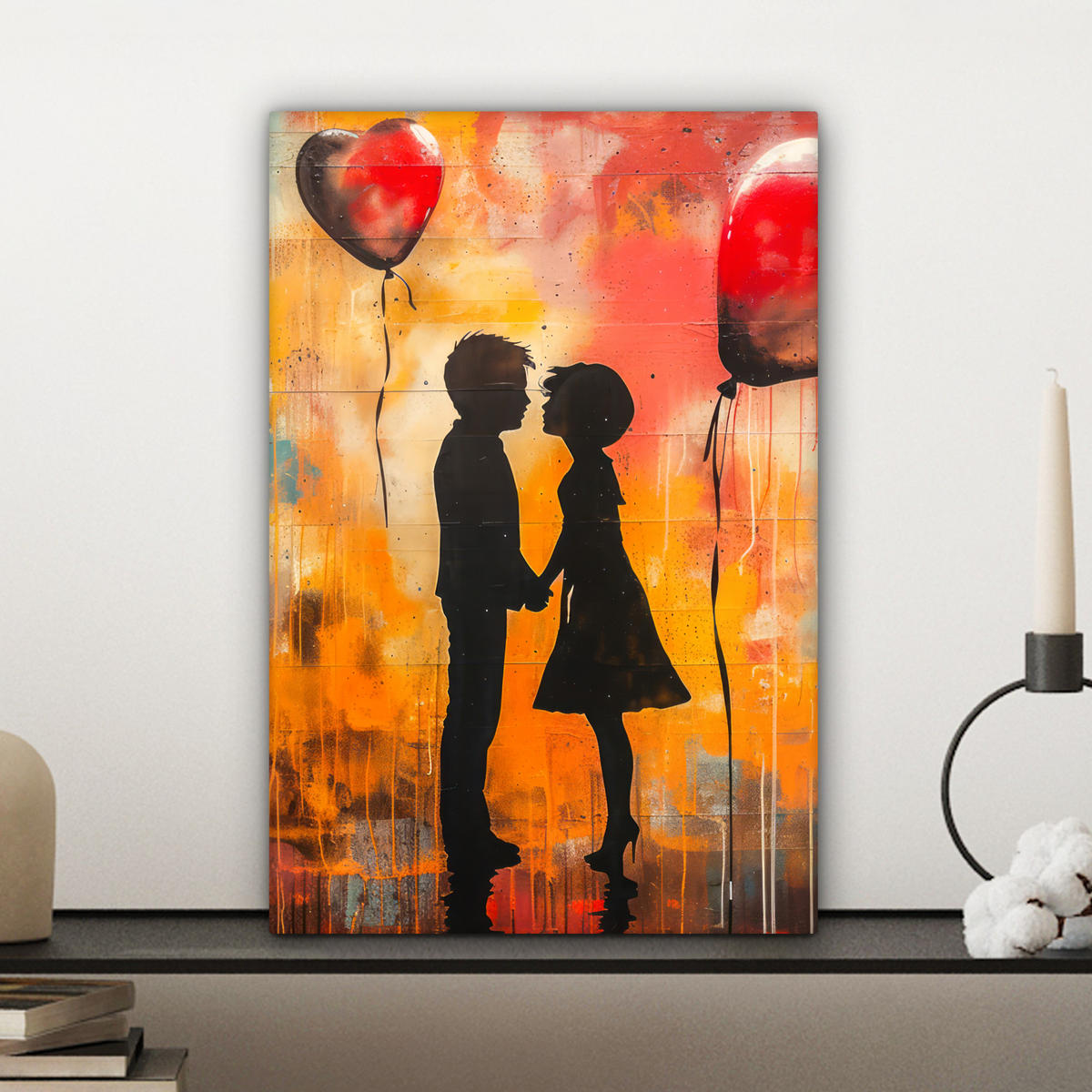 LEINWANDBILD Straßenkunst - Liebe - Graffiti - Kunst - Banksy 20x30 cm - Orange, Textil (20/30cm) - MuchoWow