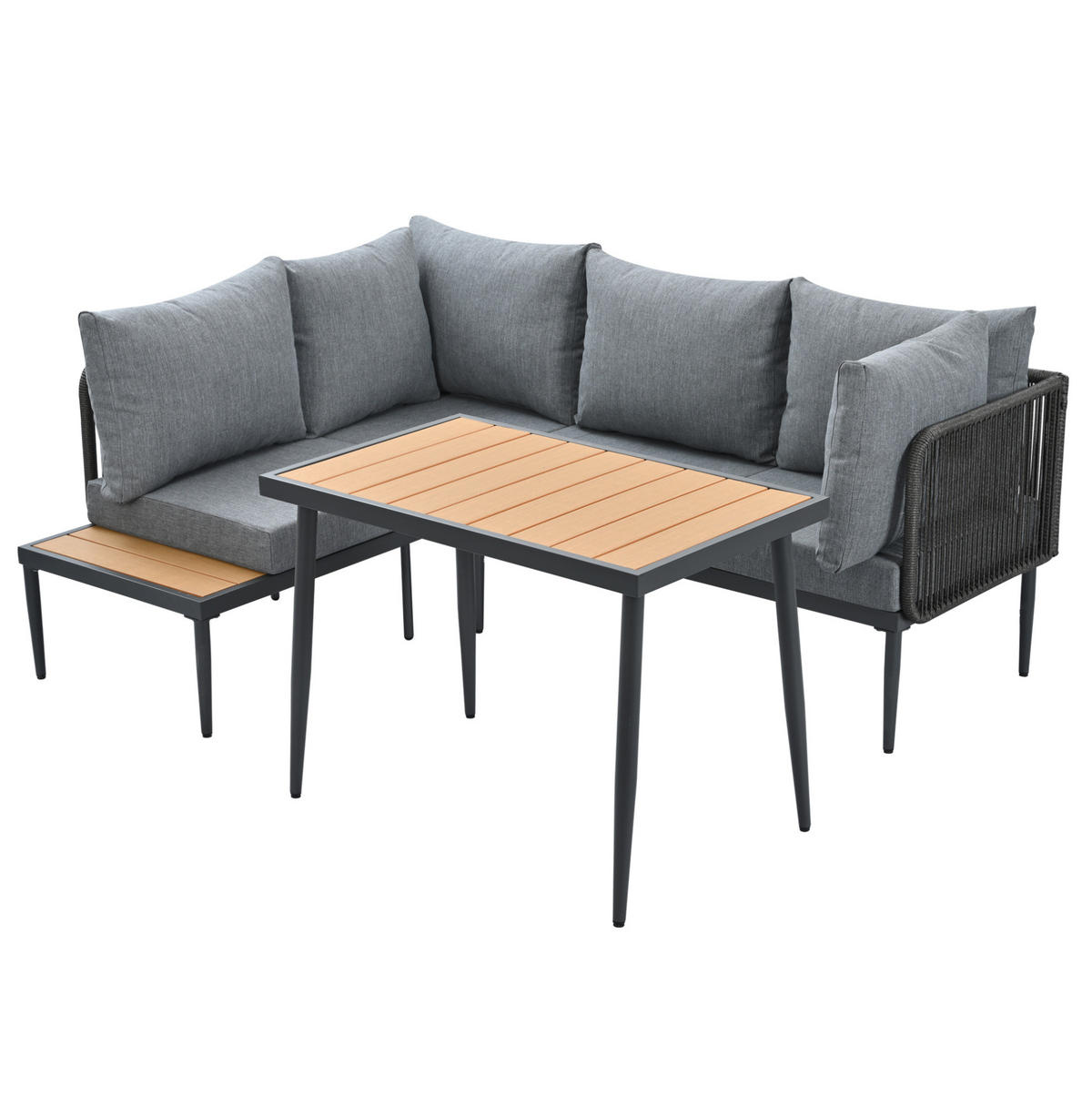 GARTEN-ESSGRUPPE 178/139/68 cm grau aus Olefin und verzinktem Stahl mit Ecksofa und Esstisch - Grau, Metall - OKWISH