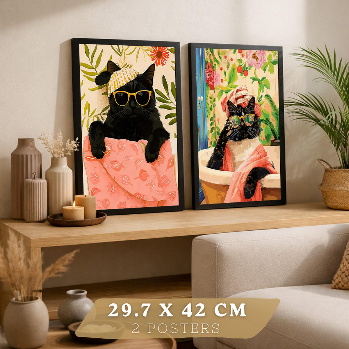 PLAKAT Sada 2 Černá kočka A3 Černý rám - černá, papír (29.7/1/42cm) - Nacnic