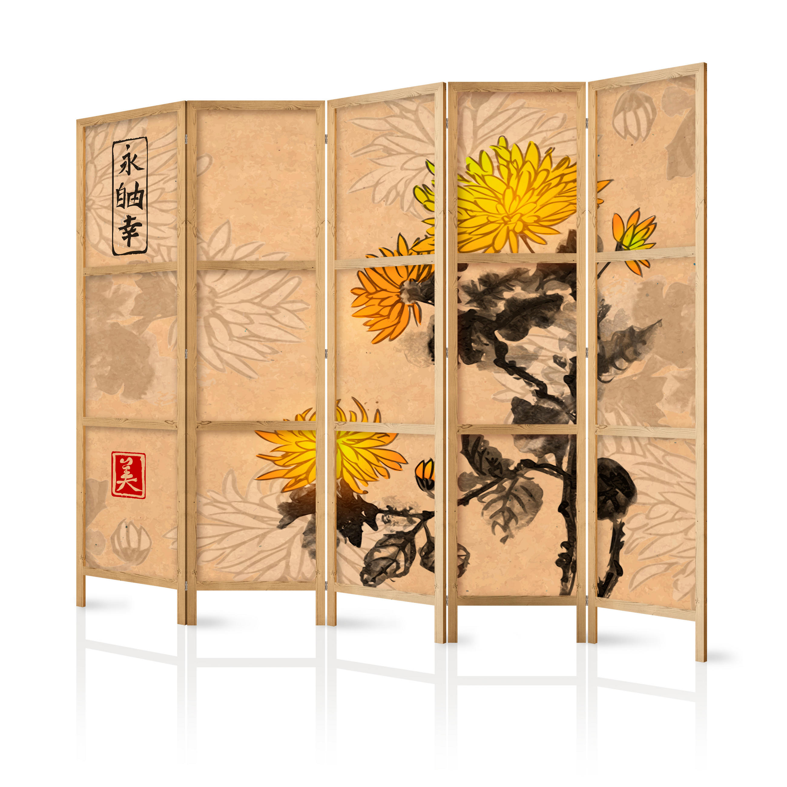 PARAVÁN Japonský 5-dielny 225x172 cm Akvarelové Chryzantémy - viacfarebná, drevo/textil (225/172/3cm) - Muralo