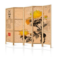 PARAVÁN Japonský 5-dielny 225x172 cm Akvarelové Chryzantémy - viacfarebná, drevo/textil (225/172/3cm) - Muralo