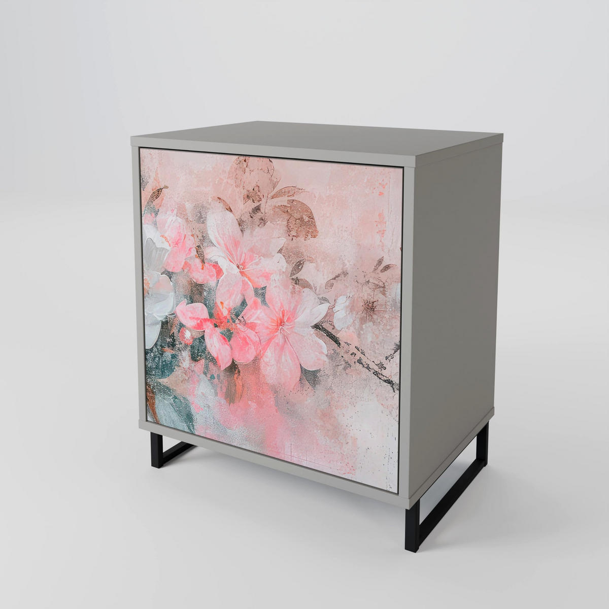 SIDEBOARD CHERRY BLOSSOM, Grau, 57,5x42x72,5 cm, Schwarze Metallfüße - Multicolor/Schwarz, Holzwerkstoff/Metall (57.5/72.5/42cm) - SpaceRebels