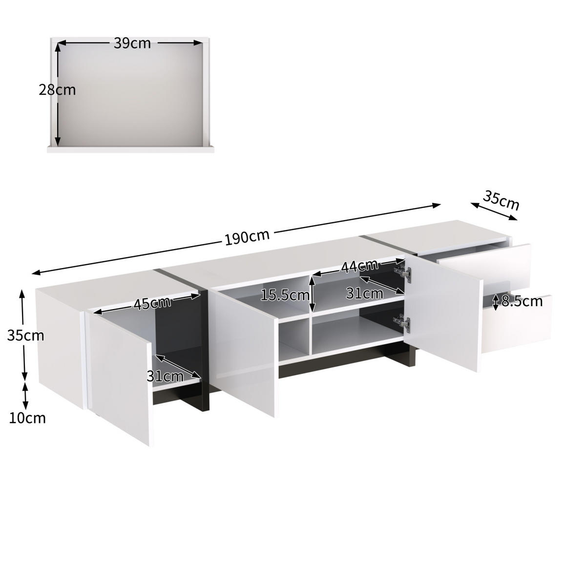 TV Lowboard 190x35x45 cm, Schubladen, Weiß - Weiß, Holz (190/45/35cm)