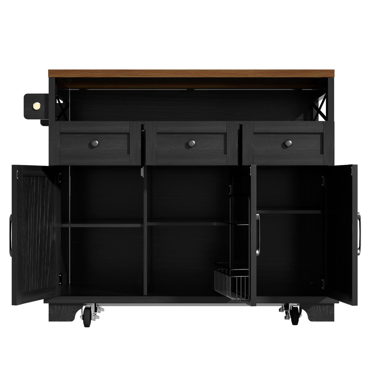 KÜCHENINSEL 118x43x98cm Schwarz mit klappbarer Platte, Schublade, Snackhalter & 5 Rollen - Schwarz, Holzwerkstoff (118/98/43cm) - Modfu