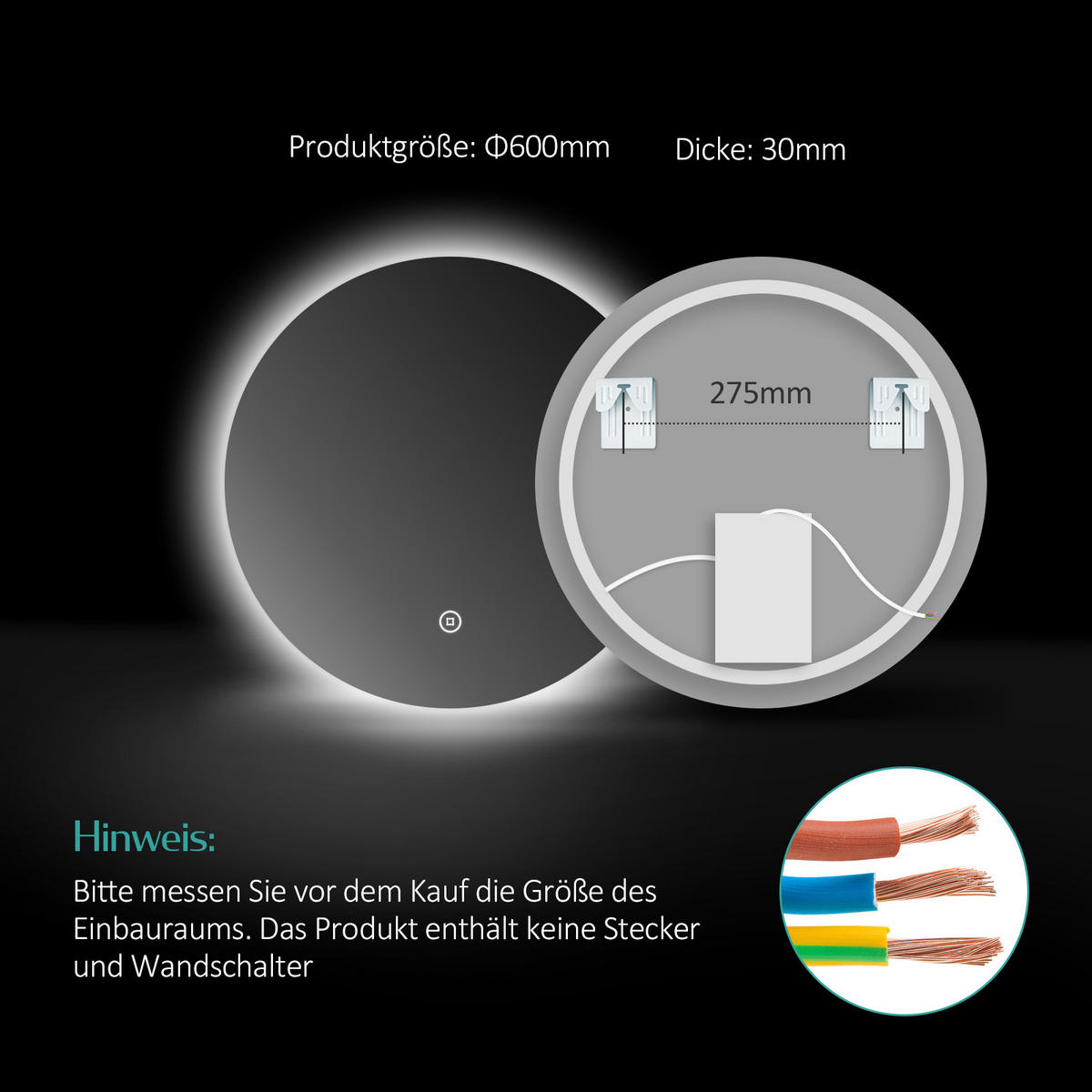 BADSPIEGEL rund mit Beleuchtung rahmenlos Ø60 cm - Weiß, Glas (60/3/60cm) - EMKE