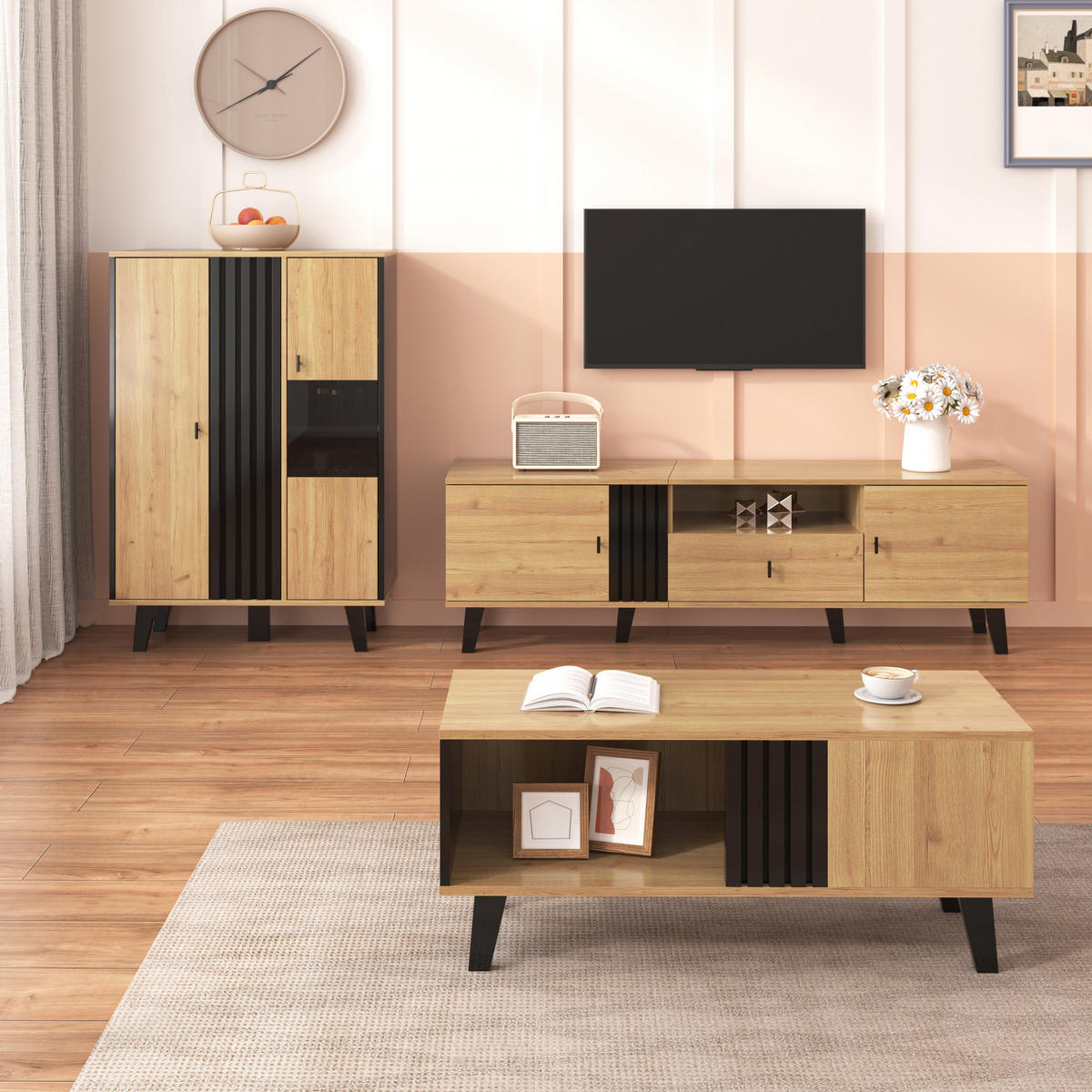 WOHNZIMMER-SET 3-teilig Holz Schwarz TV Couchtisch Sideboard - Multicolor, Holzwerkstoff (170/50.5/40cm) - FLIEKS
