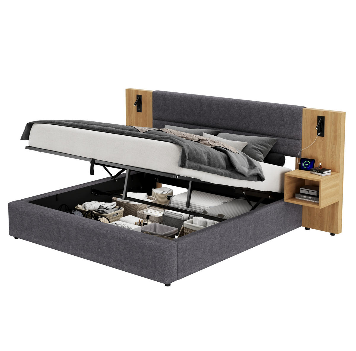 POLSTERBETT 160/200 cm mit USB-A/USB-C, Beleuchtung, hydraulischem Bettkasten und 2 Nachttischen, Natur/Grau - Grau, Textil (160/200cm) - Redom