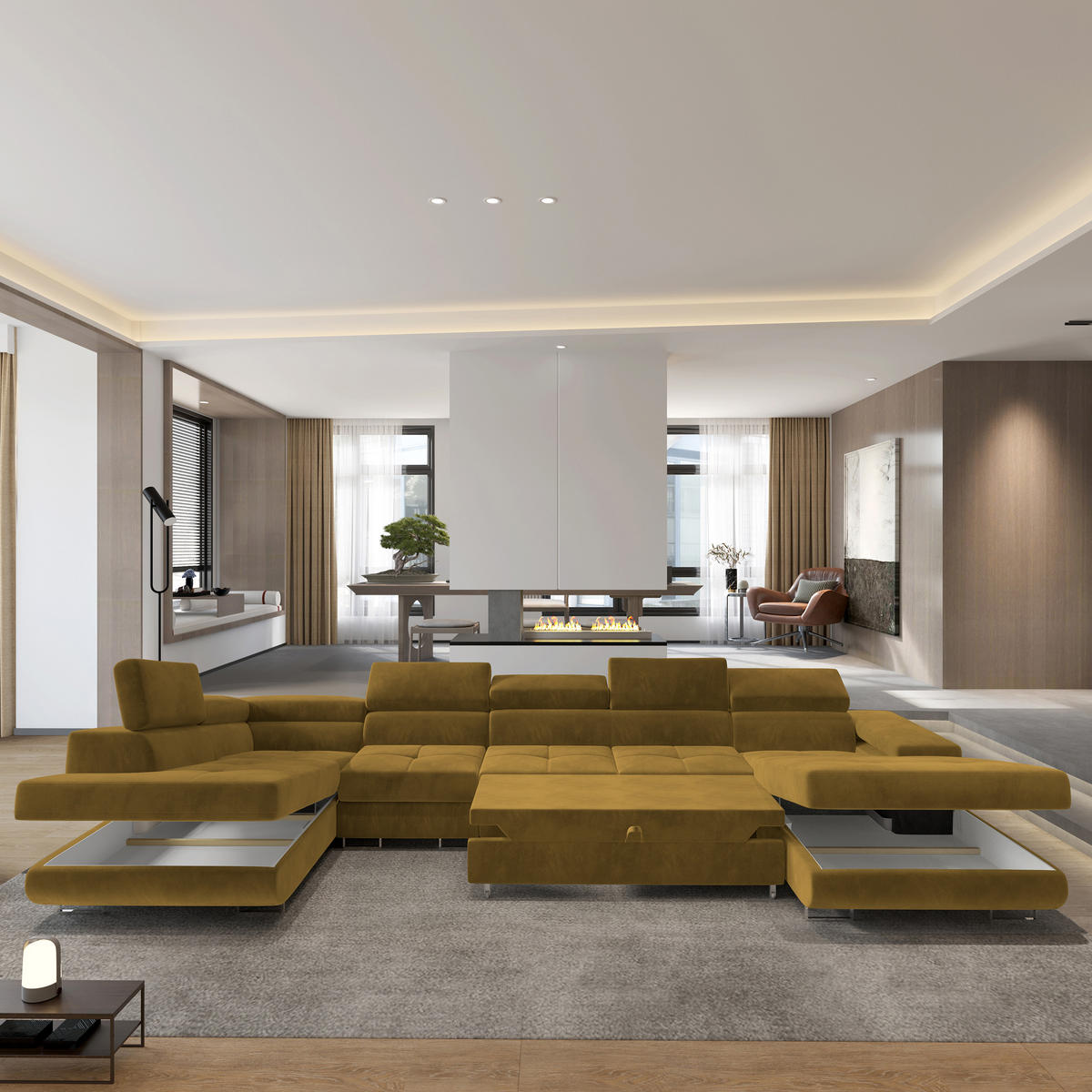 WOHNLANDSCHAFT VELORA L-S Gelb Velours-Stoff mit Schlaffunktion - Gelb, Holz (419/90/202cm) - MASSENO