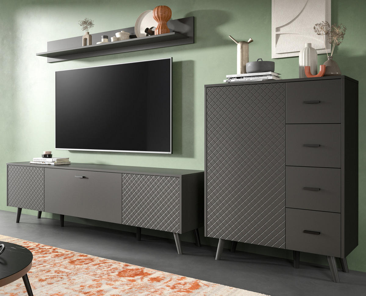 WOHNWAND grau matt 3-teilig 269 cm, Schrankwand mit Struktur - Schwarz/Grau, Holzwerkstoff/Metall (269/175/40cm) - Inn.Furn