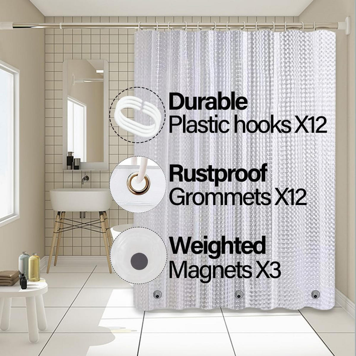 DUSCHVORHANG wasserdicht schimmelresistent mit Haken und starken Magneten - Transparent, Kunststoff (180/180cm) - MCBOSON