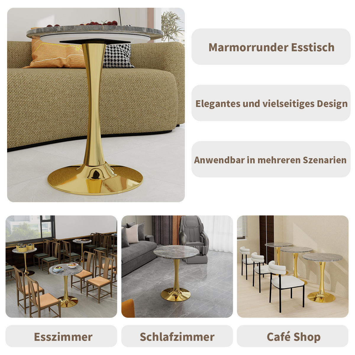 ESSTISCH Ø 70 cm Runder Marmor-Optik - Grau, Keramik (70/70/72cm) - Urban Meuble