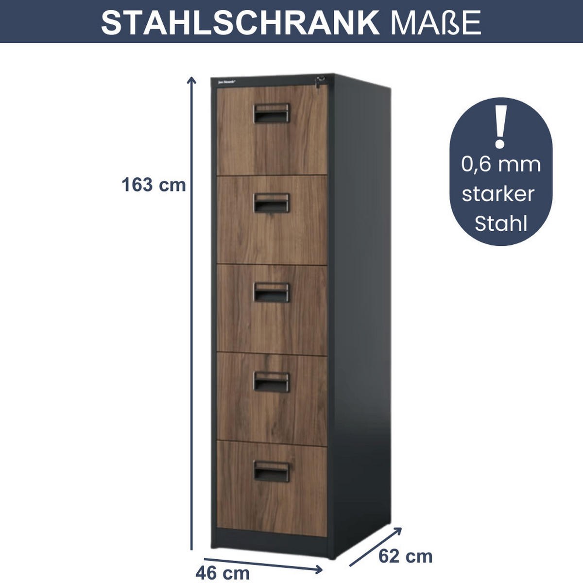 HÄNGEREGISTERSCHRANK abschließbar TION 5 Schubladen 163x46x62cm Anthrazit-Nussbaum - Anthrazit, Metall (46/163/62cm) - DELUKE