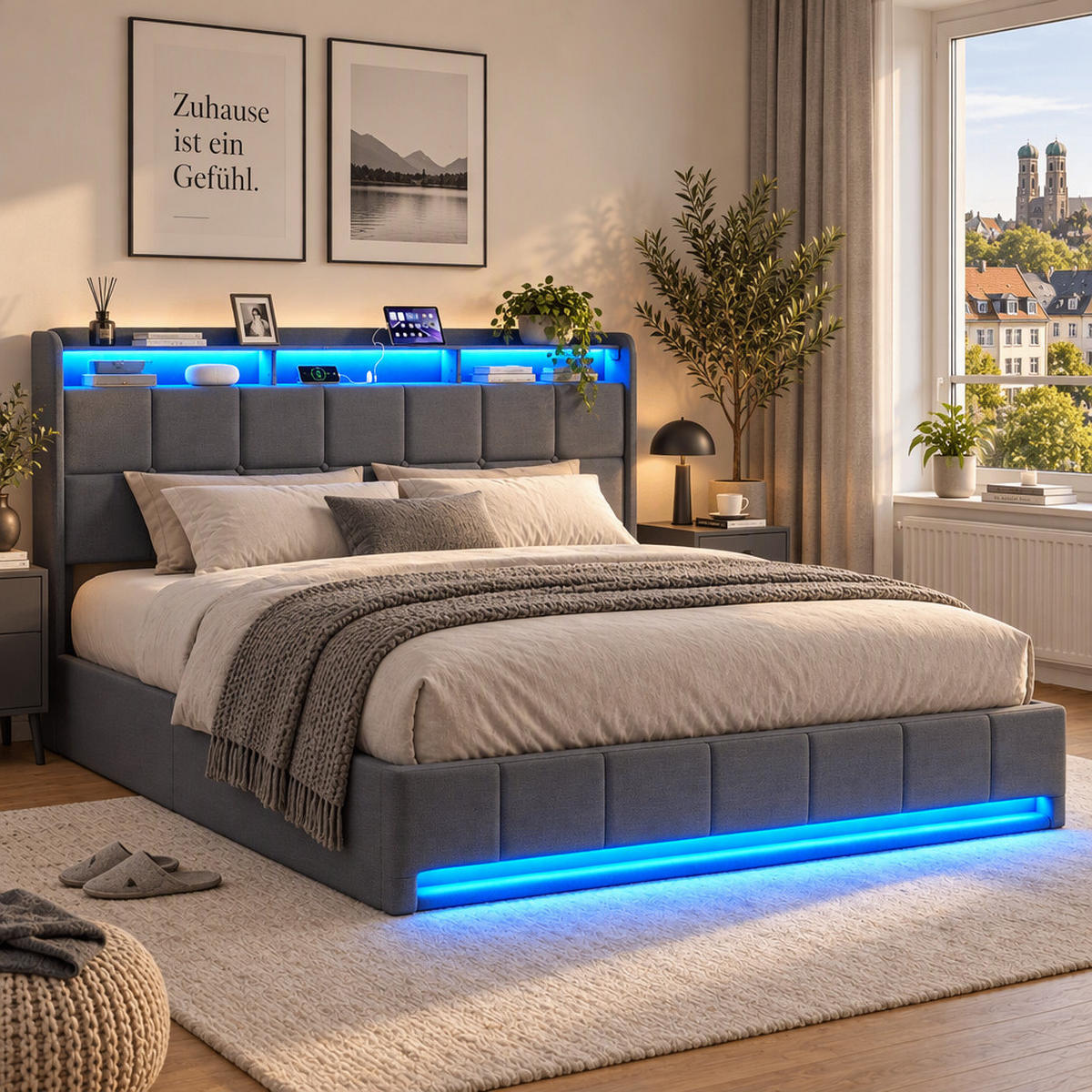 POLSTERBETT 160/200 cm,Doppelbett mit Stauraum, LED & USB,Grau - Naturfarben/Grau, Holz/Textil (160/200cm) - FURNISHINGS HOME