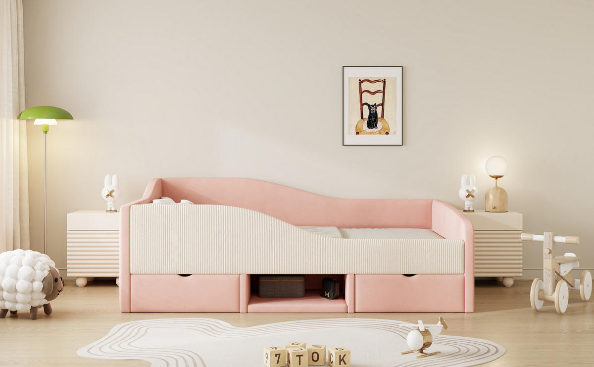 SAMT-POLSTERBETT 90/190 cm mit 2 Schubladen und gepolsterten Schutzgittern - Rosa, Textil (90/190cm) - BEAOK