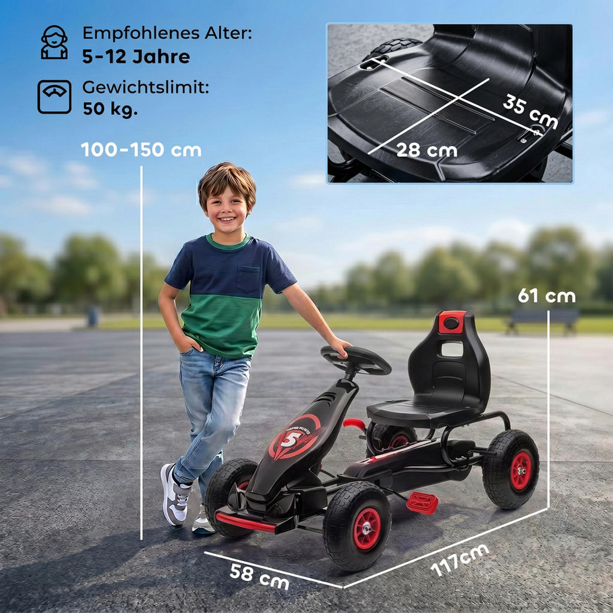 GOKART, Kinderfahrzeug mit verstellbarem Schalensitz, Tretauto, Rot+Schwarz - Rot, Metall (117/58/61cm) - HOMCOM