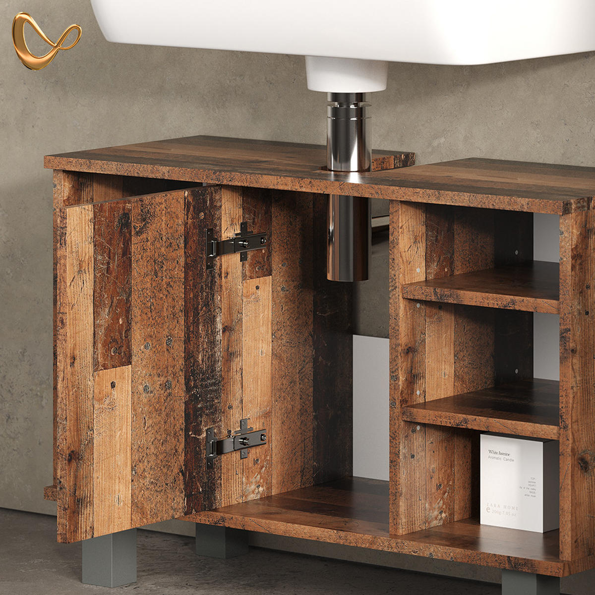 BADMÖBEL-SET Fucino Eiche rustikal 2 Teile, Unterschrank 80 cm - Wildeiche, Holzwerkstoff (60/54/32cm) - Livinity®