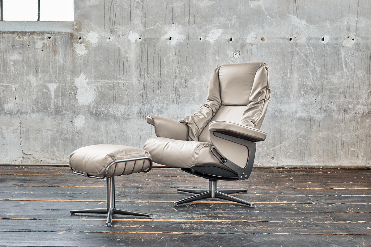 RELAXSESSEL MIT HOCKER MODO Hellgrau Leder - Silberfarben/Hellgrau, Leder/Metall (81/98/90cm) - KAWOLA