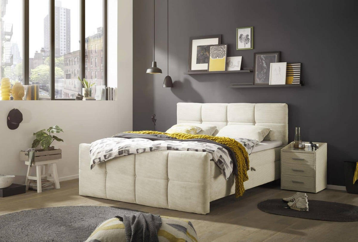 BOXBETT Breitcord, 7-Zonen-Tonnentaschen-Federkernmatratze, HR-30 Topper, Bettkasten - Beige/Creme, Holz/Kunststoff (180/200cm) - ed exciting design