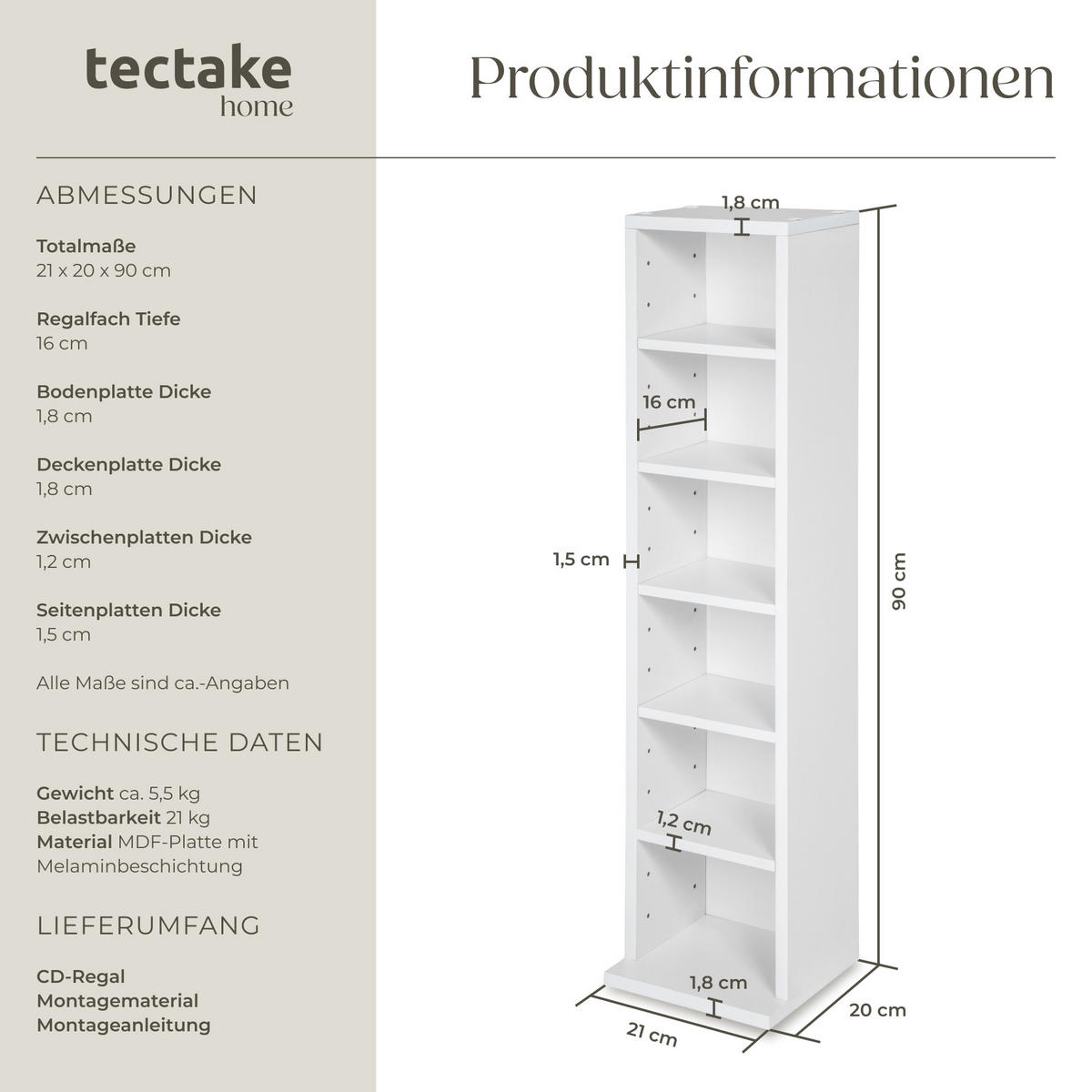 CD/DVD Regal Juliane,90 x 21 x 20 cm,weiß - Weiß, Holz (21/90/20cm) - tectake