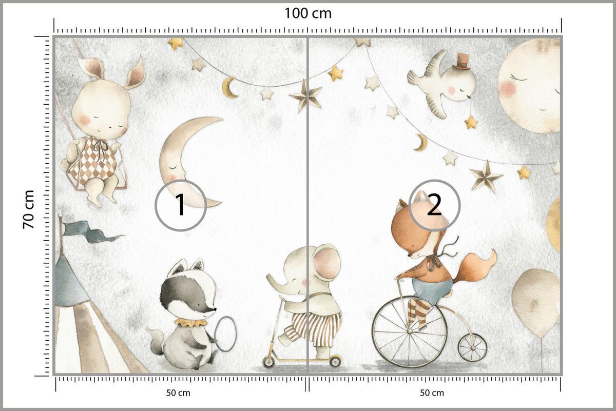 FOTOTAPETE für Kinderzimmer Zirkus Tiere Elefant Fuchs Monde Sterne 100x70 - Gelb/Beige, Papier (100/70cm) - Muralo