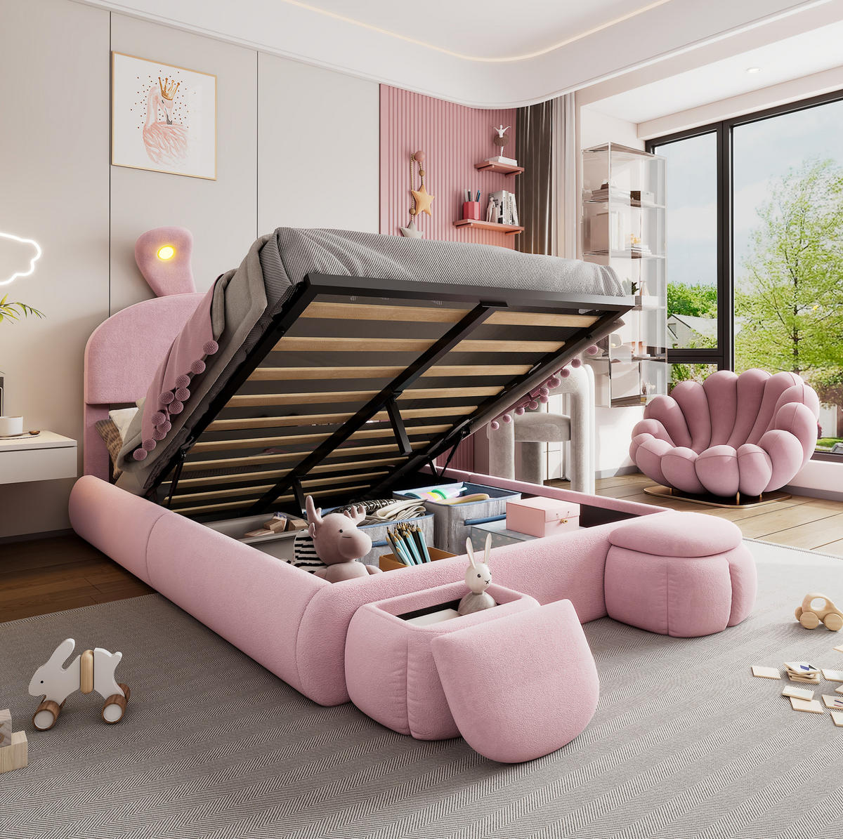 POLSTERBETT 140/200 cm aus Samt mit Stauraum und LED-Beleuchtung Rosa - Rosa, Textil (140/200cm) - Modenvie