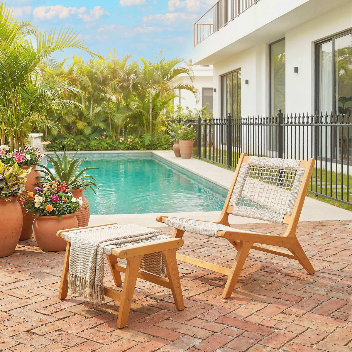 SESSEL-SET DE-07599 2-teilig, mit Fußhocker aus Akazienholz und Rattan-Sitz Natur - Beige, Holz/Kunststoff (60/73.5/83cm) - ComfortXL