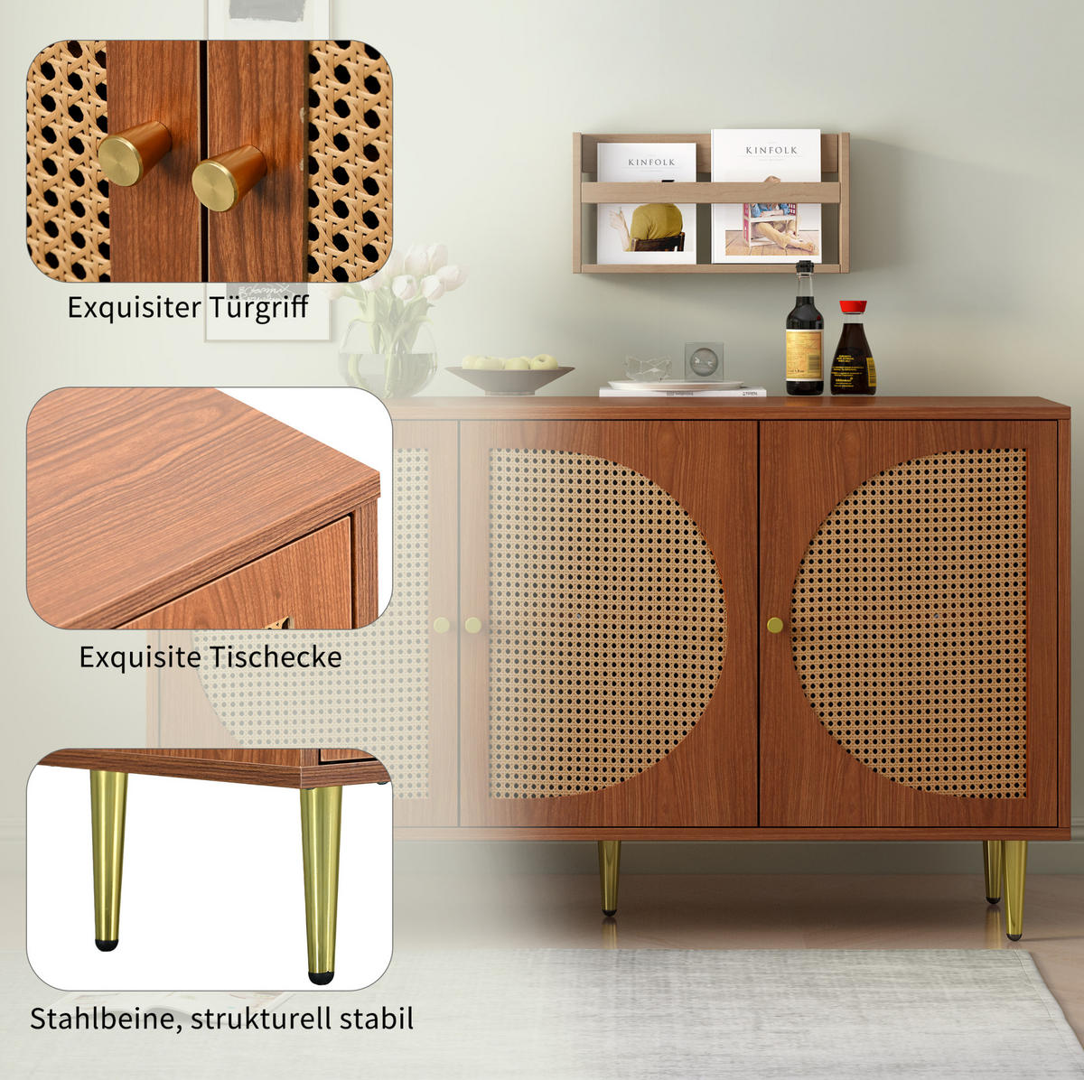 SIDEBOARD 129,8/40/76 cm mit 3 Türen in Walnussfarben & Rattan-Optik - Walnussfarben, Holzwerkstoff (129.8/76/40cm) - BEAOK