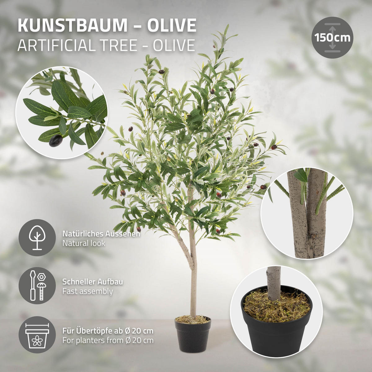 KUNSTPFLANZE Olive - Anthrazit/Grün, Holz/Kunststoff (150cm) - ML-DESIGN