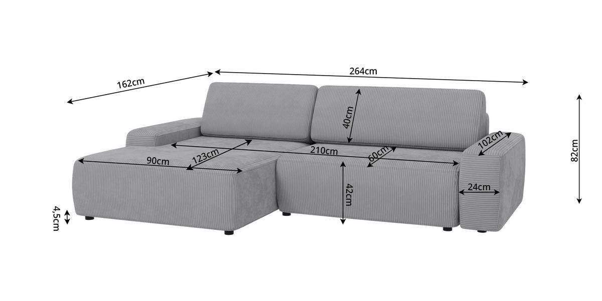 ECKSOFA Nancy Hellgrau Cord - Hellgrau/Schwarz, Holz/Kunststoff (264/162cm) - S-Style Möbel