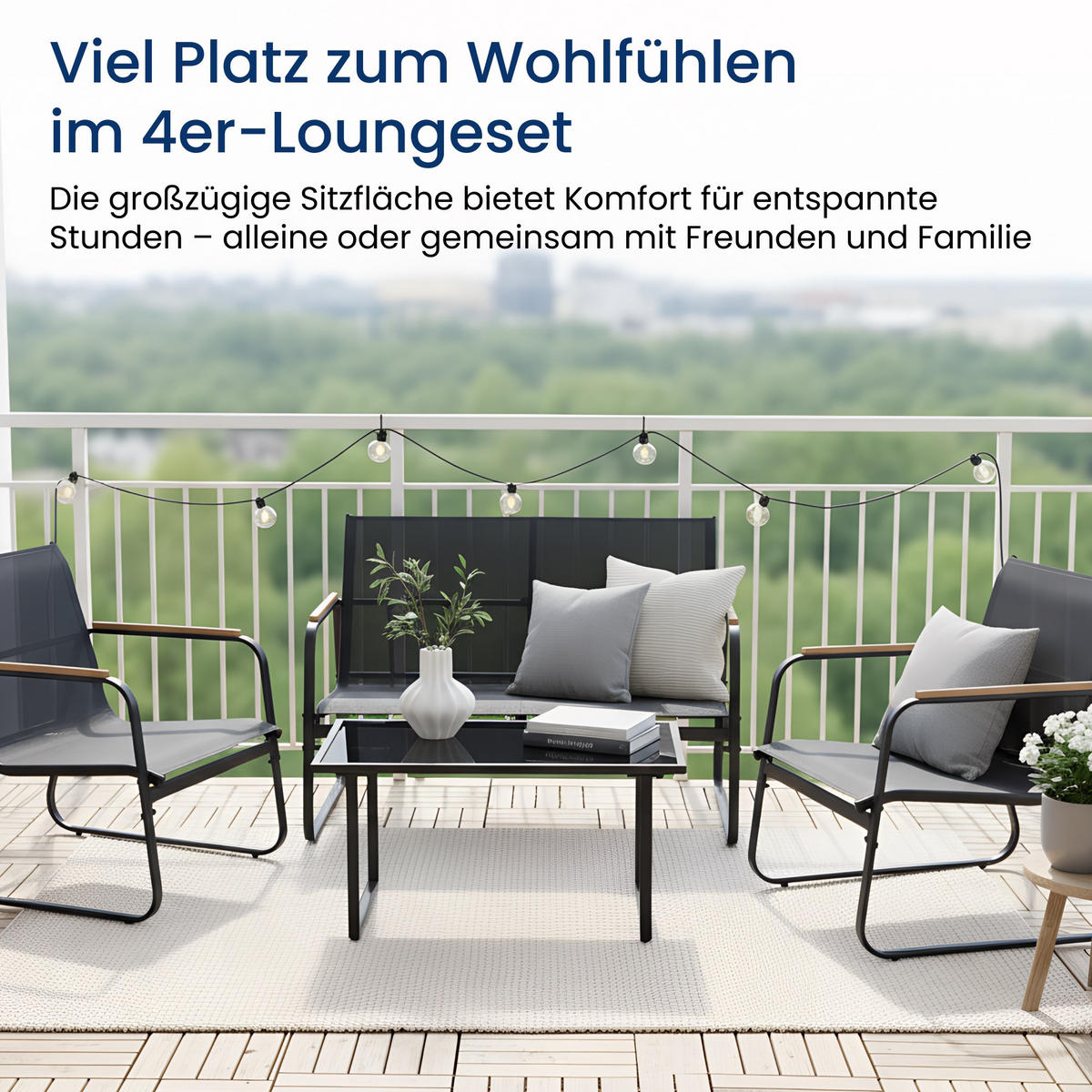 GARTENLOUNGE-SET mit 2-Sitzer-Sofa, zwei Sesseln und Couchtisch - Schwarz, Metall - Home Collective