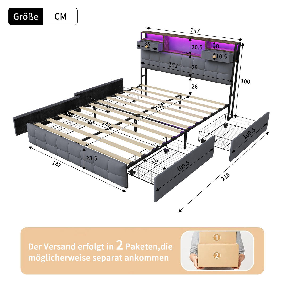 STAURAUMBETT 140/200 cm aus Samt, mit 4 seitlichen Schubladen + 2 Kopfteil-Schubladen, LED und USB-Anschluss, Grey - Grau, Holzwerkstoff (160/200cm) - Brevoria